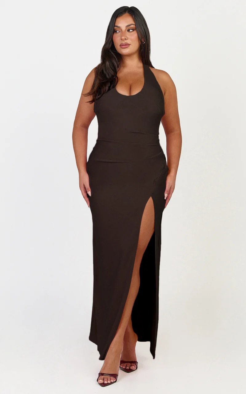 Ruby Maxi Dress - Halter Scoop Neck Low Back Bodycon Dress in Chocolate