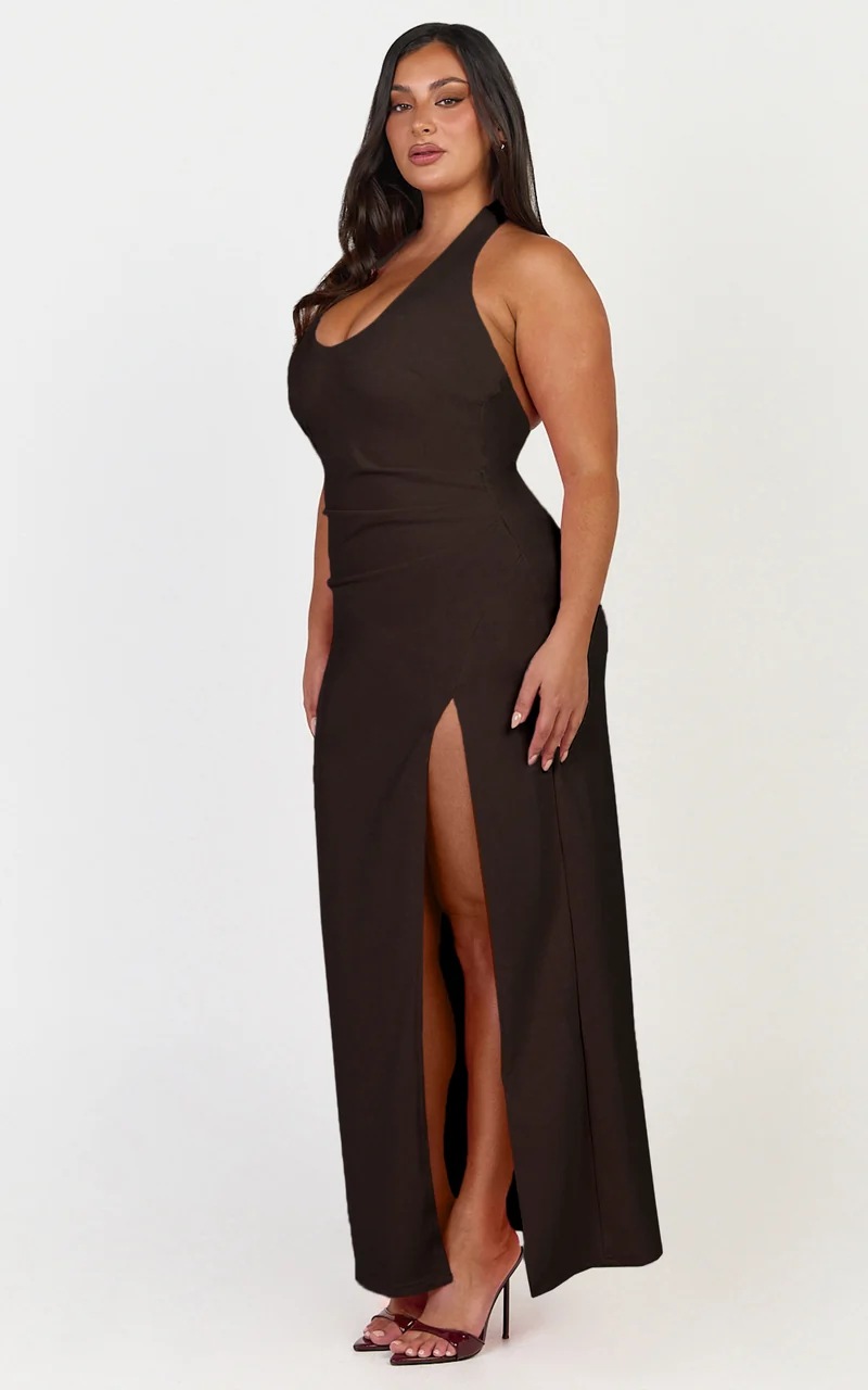 Ruby Maxi Dress - Halter Scoop Neck Low Back Bodycon Dress in Chocolate