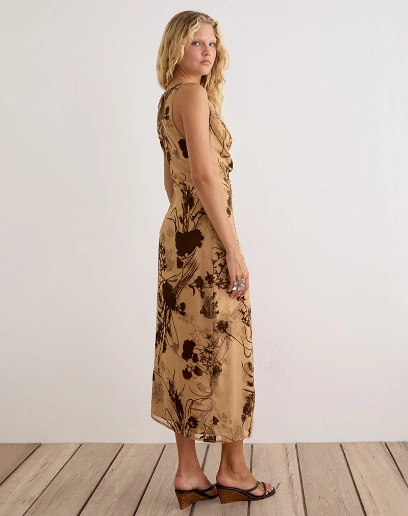 Robe longue à col cache-col Tana, en devoré à motifs floraux, couleur beige