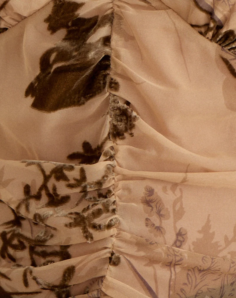 Haut Lentera à col en V en dévoré à motifs floraux, couleur beige