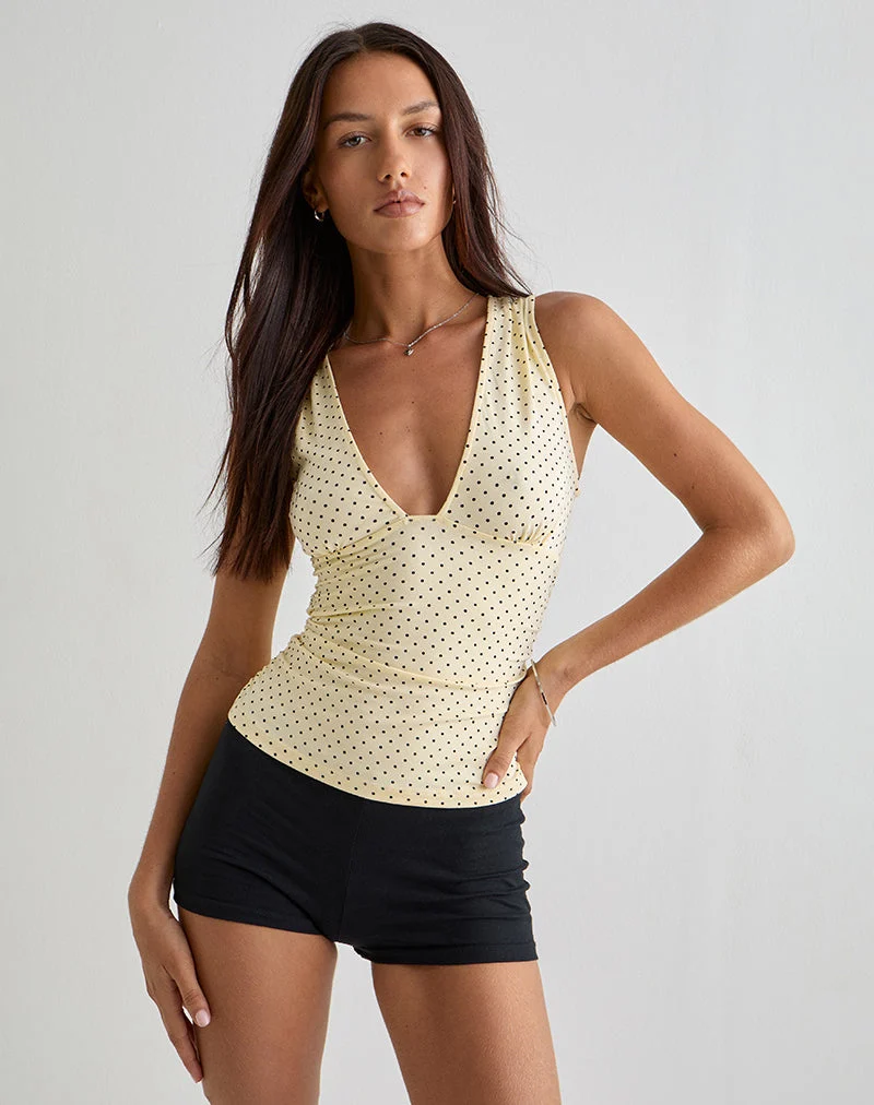 Lycia Plunge Top in Cream with Black Micro Polka Print