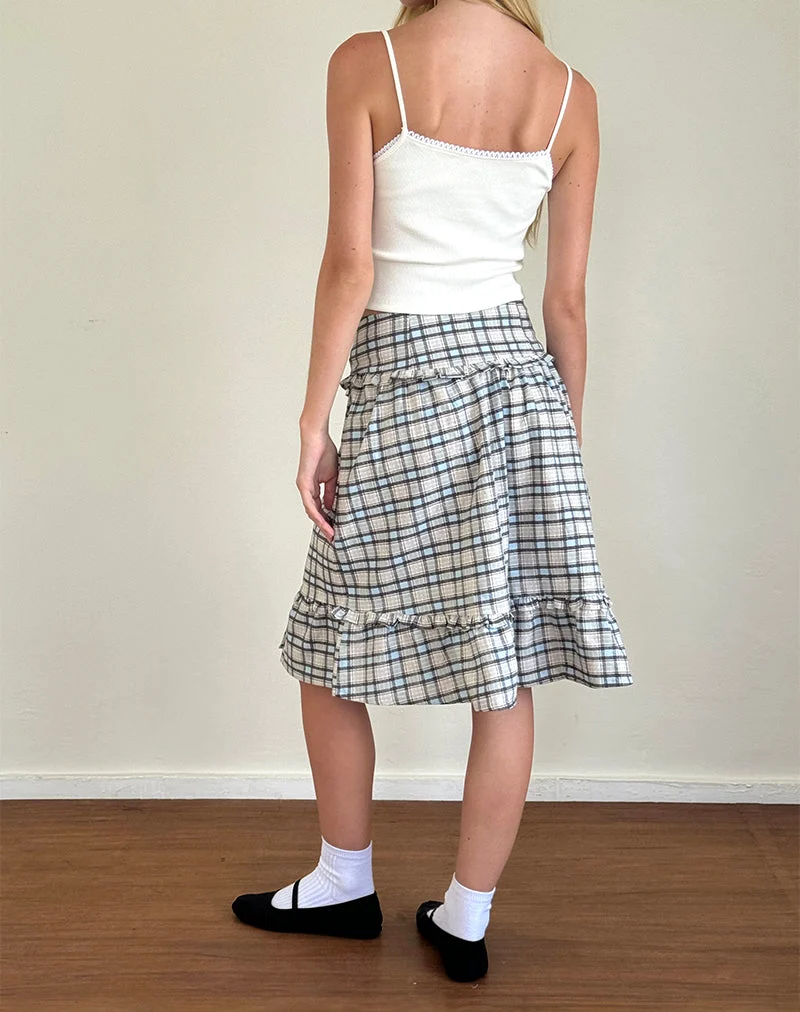 Jupe midi Kasya, tissu écossais bleu pastel
