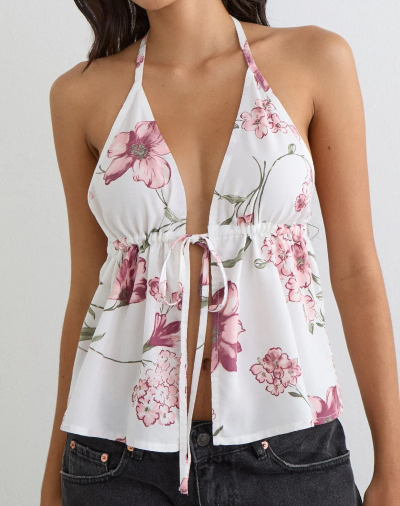 Halter-top Yalova, motif floral « Femme », blanc