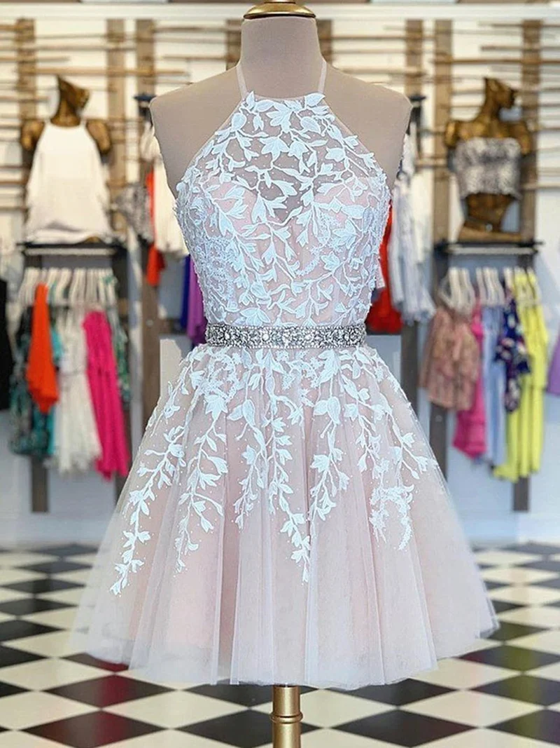 Robe de bal courte et élégante à col licou, coupe trapèze, avec ceinture et appliques en dentelle