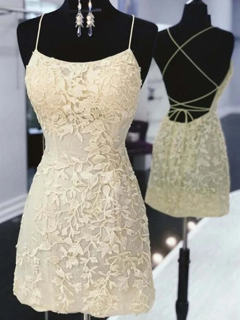 Superbe robe de bal sirène en dentelle jaune : dos nu, courte, élégante, parfaite pour une remise de diplôme ou un retour à la maison