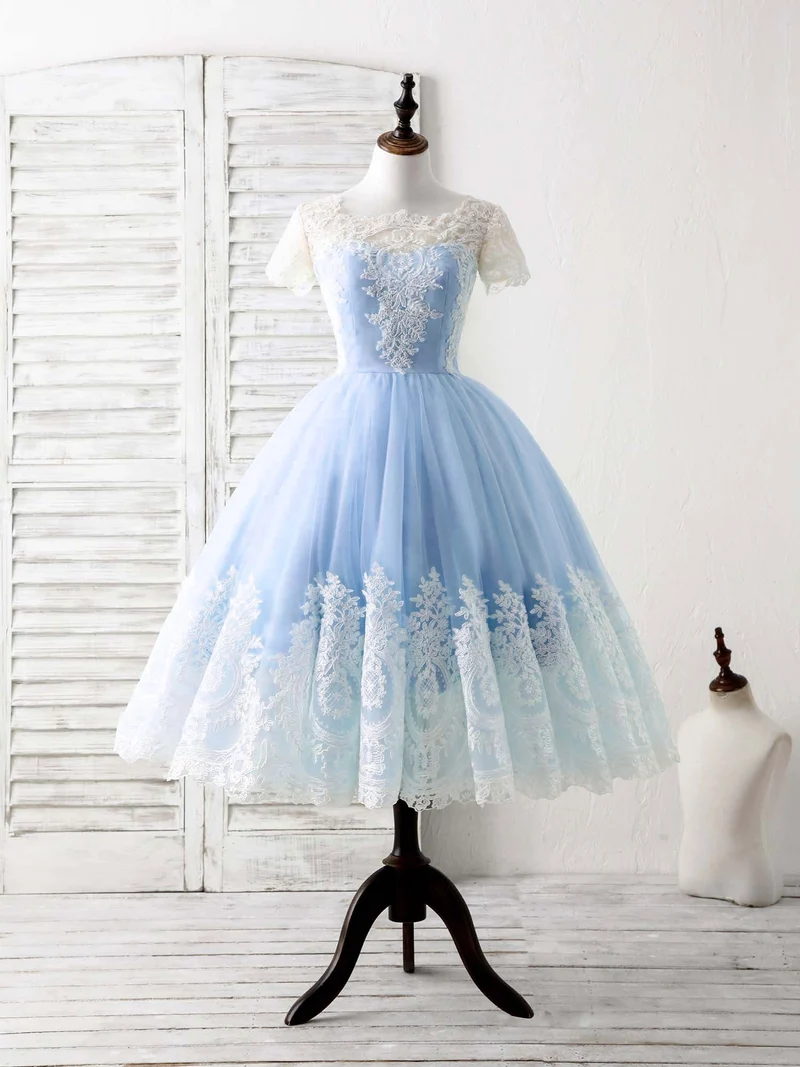 Robe de bal courte élégante en tulle bleu et dentelle, robe de demoiselle d'honneur