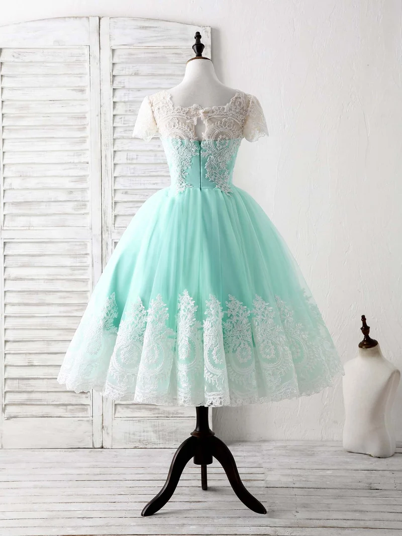 Robe de bal courte élégante en tulle bleu et dentelle, robe de demoiselle d'honneur