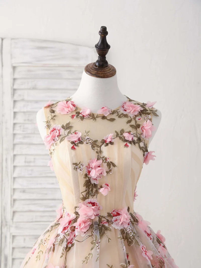 Robe de bal courte unique en champagne avec appliques 3D, jolie robe de retour à la maison