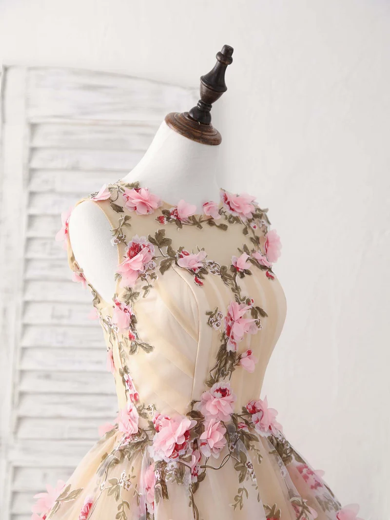 Robe de bal courte unique en champagne avec appliques 3D, jolie robe de retour à la maison