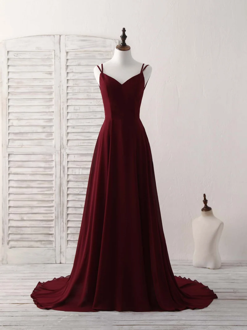 Robe de bal longue élégante en mousseline bordeaux, robe de soirée dos nu pour occasions spéciales