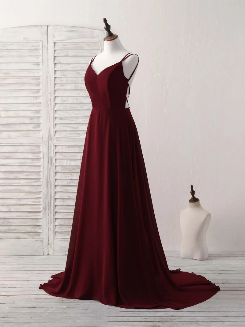 Robe de bal longue élégante en mousseline bordeaux, robe de soirée dos nu pour occasions spéciales