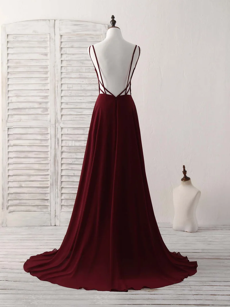Robe de bal longue élégante en mousseline bordeaux, robe de soirée dos nu pour occasions spéciales