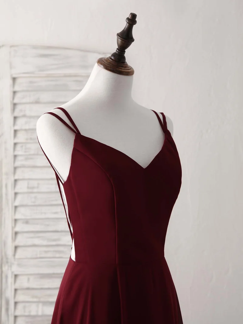 Robe de bal longue élégante en mousseline bordeaux, robe de soirée dos nu pour occasions spéciales