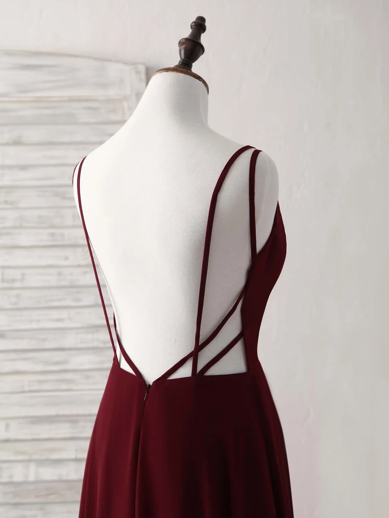 Robe de bal longue élégante en mousseline bordeaux, robe de soirée dos nu pour occasions spéciales