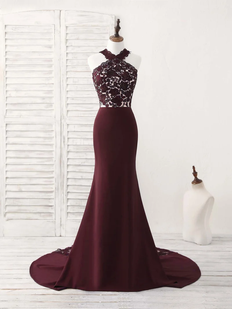 Robe de bal sirène élégante en dentelle bordeaux : robe de demoiselle d'honneur idéale pour les occasions spéciales
