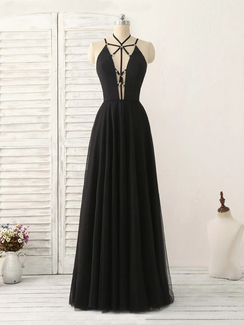 Robe de bal longue et élégante en tulle noir, dos nu, pour femme, idéale pour une soirée