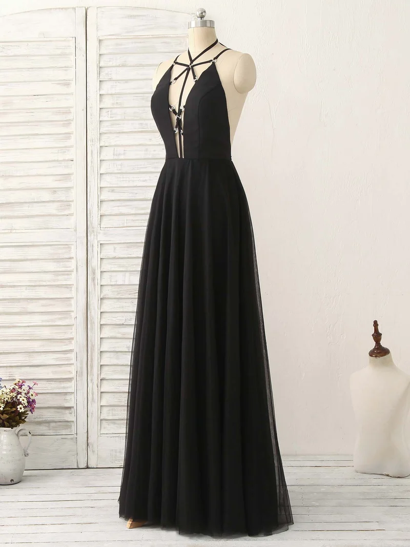 Robe de bal longue et élégante en tulle noir, dos nu, pour femme, idéale pour une soirée