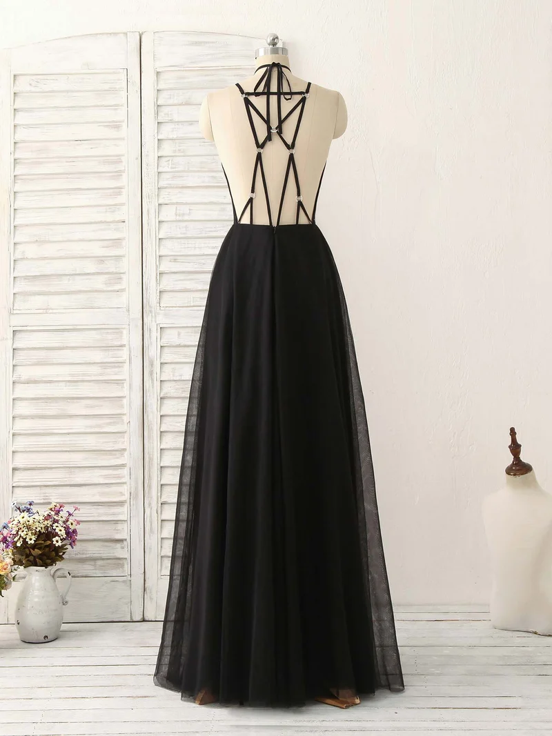 Robe de bal longue et élégante en tulle noir, dos nu, pour femme, idéale pour une soirée