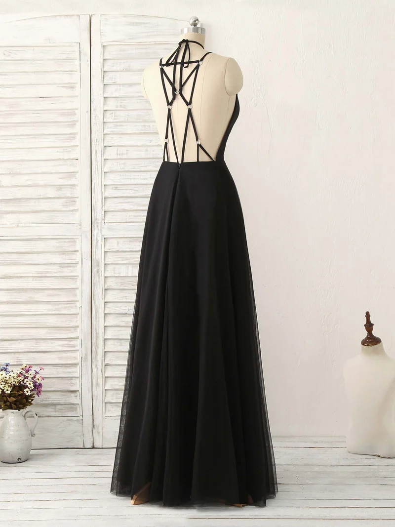 Robe de bal longue et élégante en tulle noir, dos nu, pour femme, idéale pour une soirée