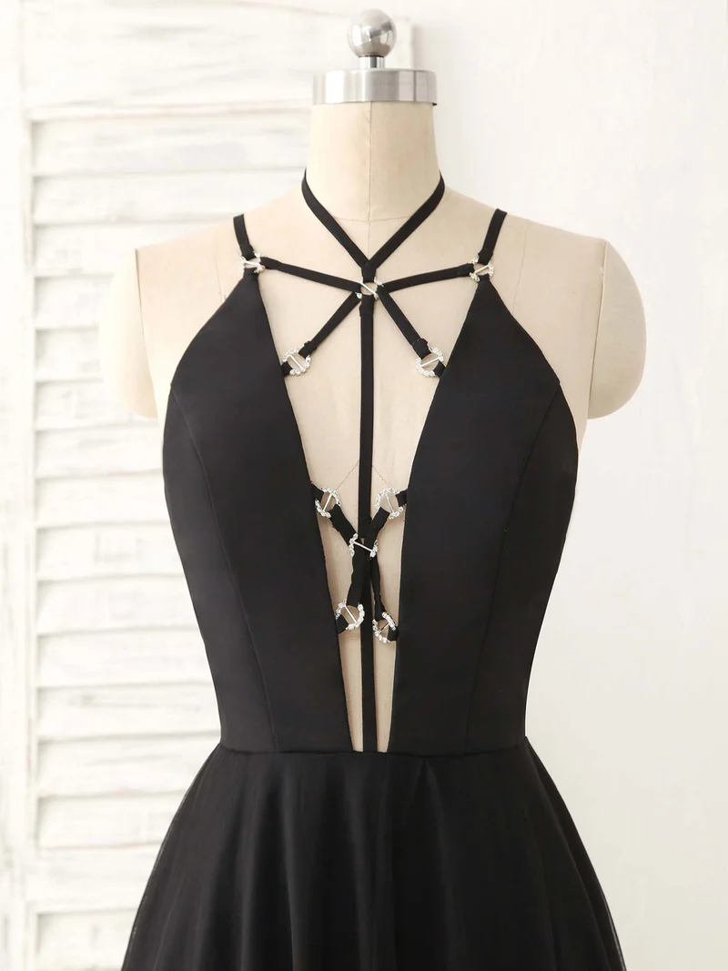 Robe de bal longue et élégante en tulle noir, dos nu, pour femme, idéale pour une soirée