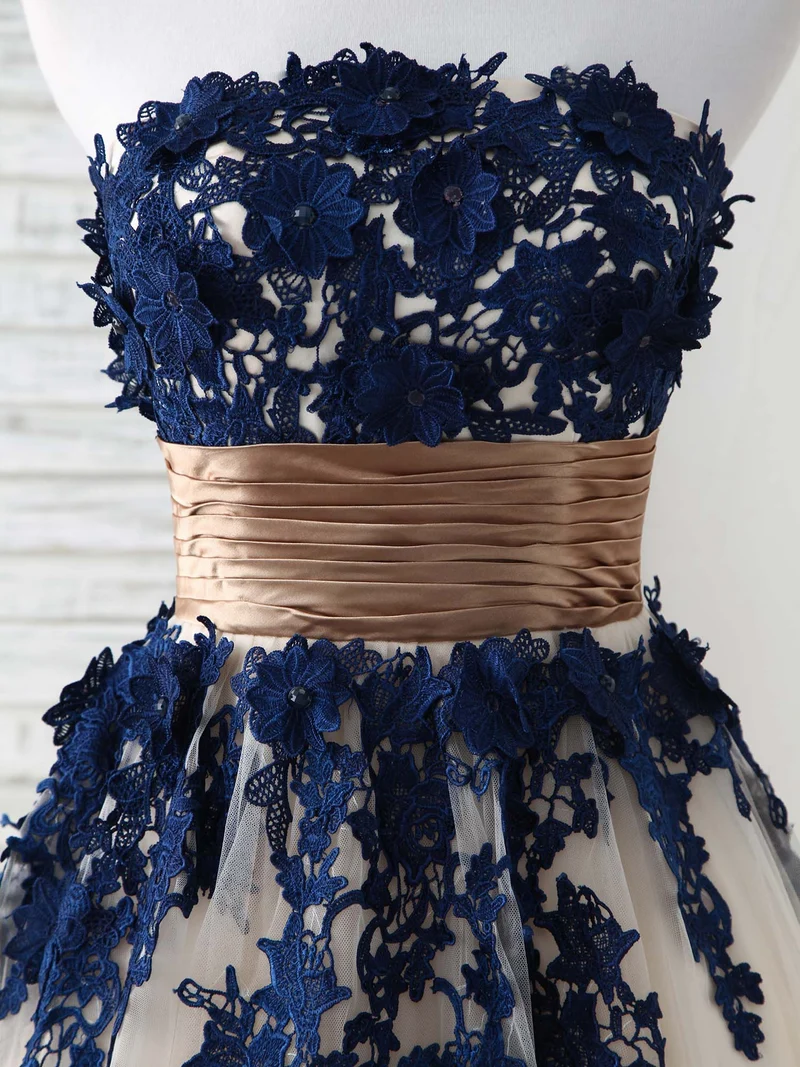 Robe de bal longue élégante en tulle et dentelle bleu foncé pour demoiselles d'honneur