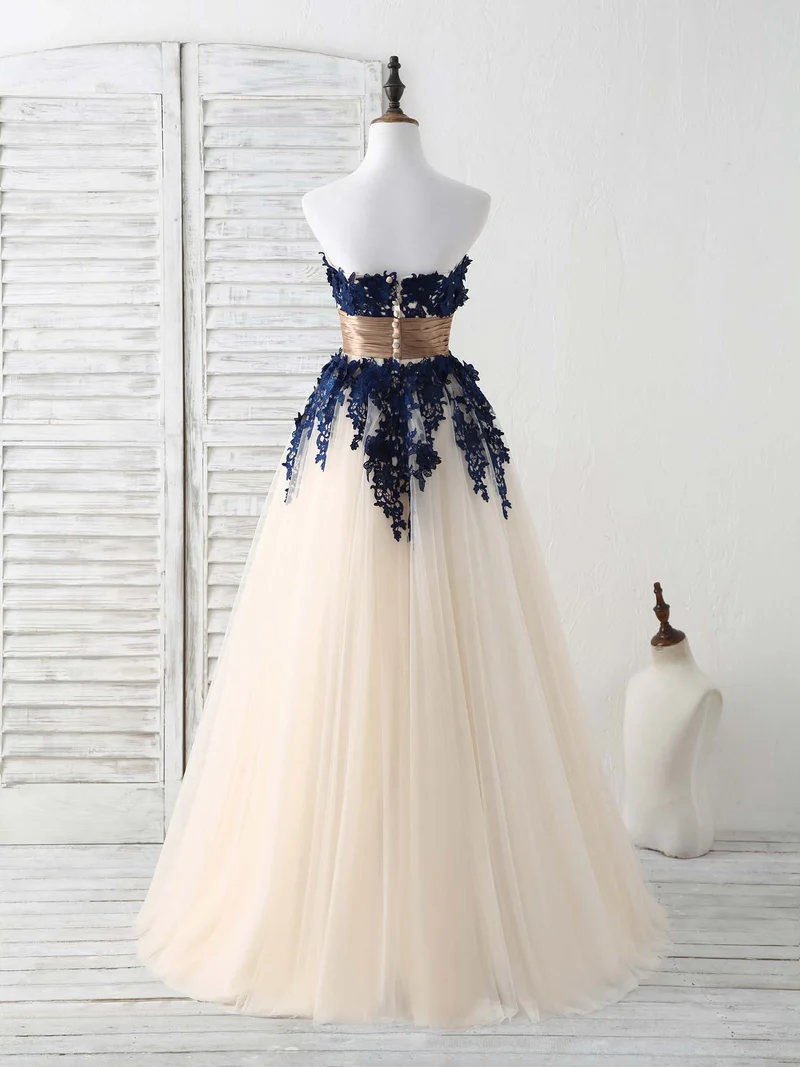 Robe de bal longue élégante en tulle et dentelle bleu foncé pour demoiselles d'honneur