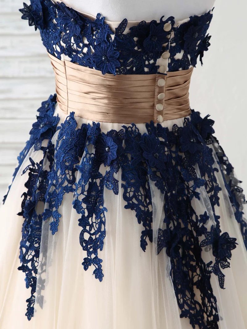Robe de bal longue élégante en tulle et dentelle bleu foncé pour demoiselles d'honneur