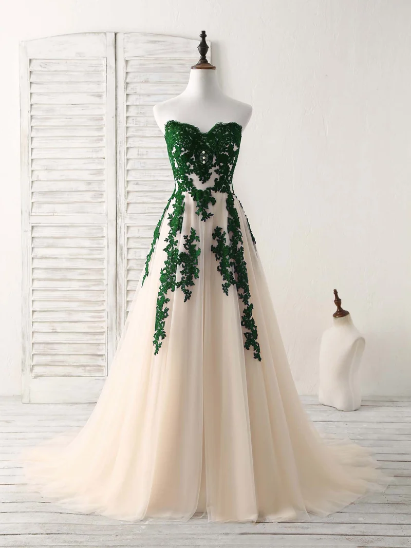 Robe de demoiselle d'honneur longue et élégante, coupe trapèze, décolleté en cœur, en tulle et dentelle, verte
