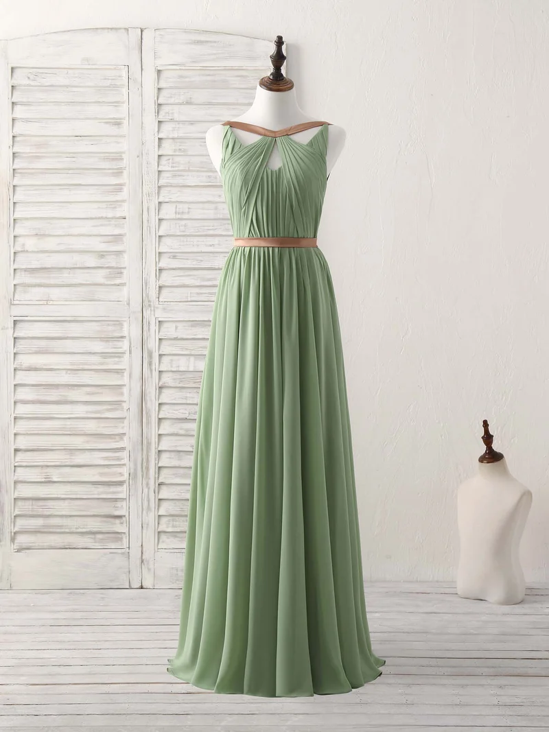 Robe de bal élégante en mousseline de soie vert émeraude pour demoiselle d'honneur, avec un design simple et long