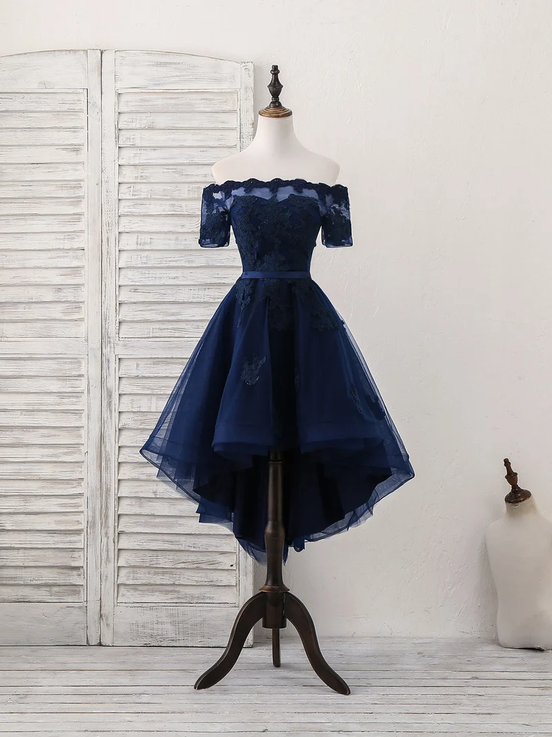 Robe de bal courte élégante en tulle bleu foncé pour les retrouvailles et les occasions spéciales
