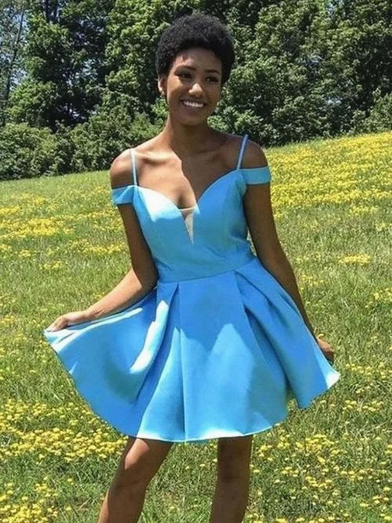 Robe de bal courte bleue chic à épaules dénudées, élégante robe de soirée de remise de diplôme et de retour à la maison