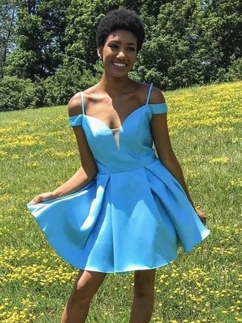 Robe de bal courte bleue chic à épaules dénudées, élégante robe de soirée de remise de diplôme et de retour à la maison