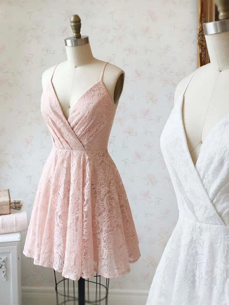 Charmante robe de bal courte en dentelle rose et blanche avec col en V et jupe trapèze