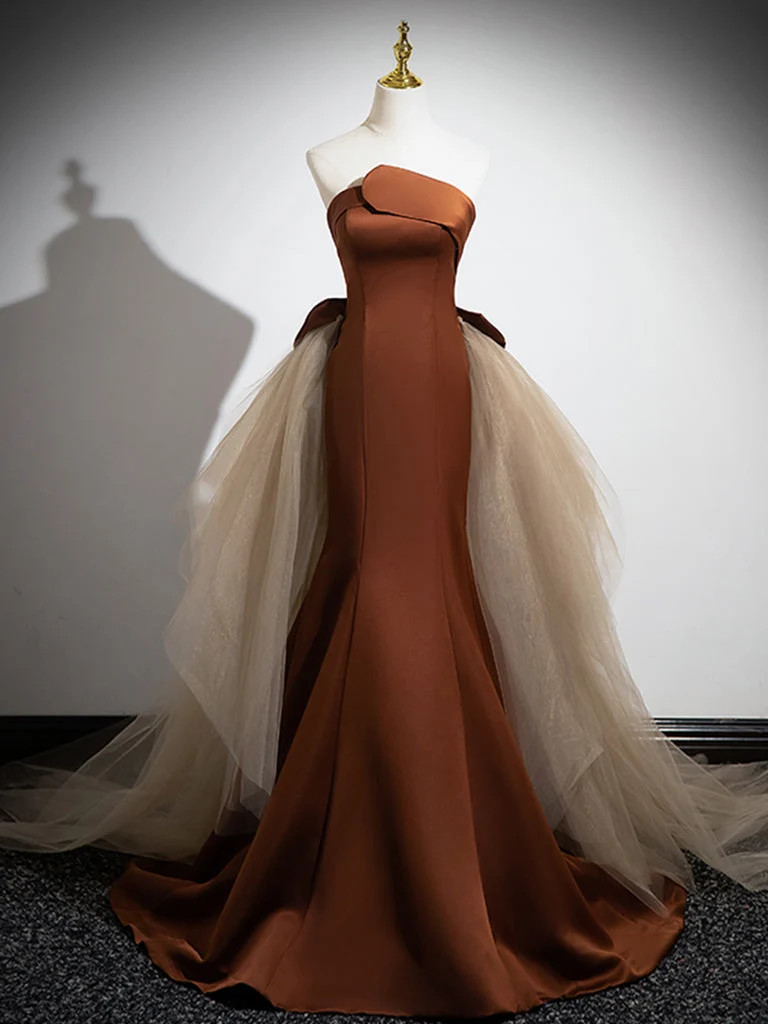 Robe de soirée longue élégante en satin et tulle marron champagne style sirène pour femme