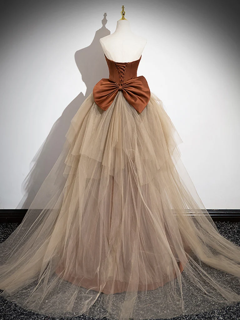 Robe de soirée longue élégante en satin et tulle marron champagne style sirène pour femme