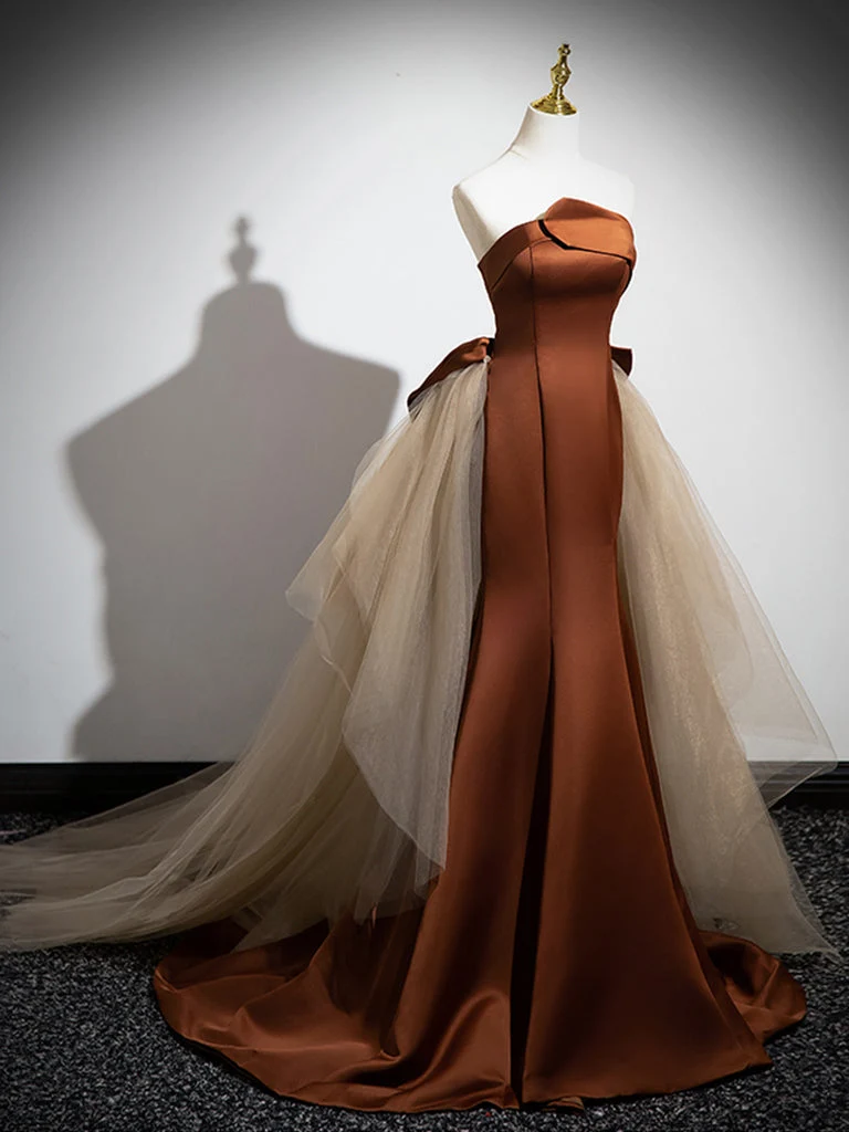 Robe de soirée longue élégante en satin et tulle marron champagne style sirène pour femme