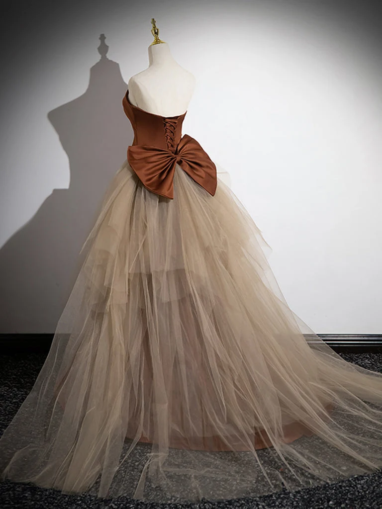 Robe de soirée longue élégante en satin et tulle marron champagne style sirène pour femme