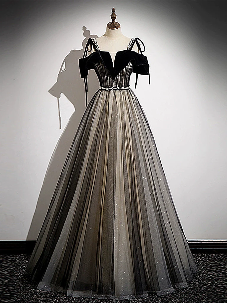 Robe de bal longue noire élégante en tulle coupe trapèze : superbe robe de soirée formelle
