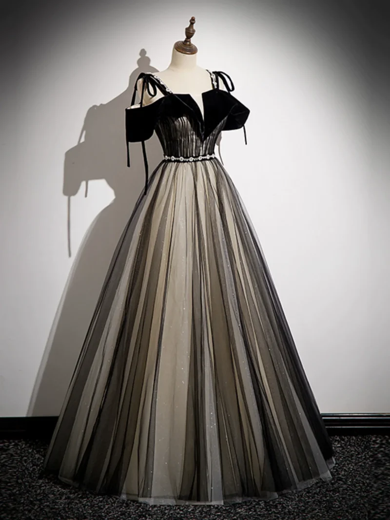 Robe de bal longue noire élégante en tulle coupe trapèze : superbe robe de soirée formelle