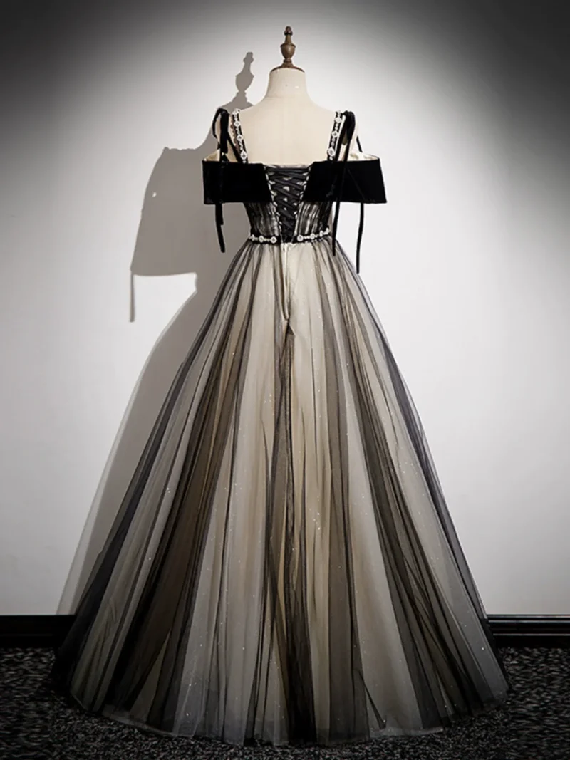 Robe de bal longue noire élégante en tulle coupe trapèze : superbe robe de soirée formelle