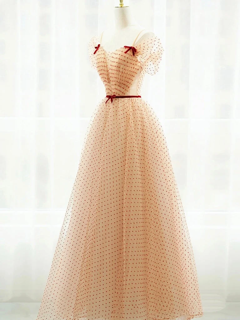 Robe de bal longue élégante en tulle champagne, coupe trapèze, pour les occasions formelles