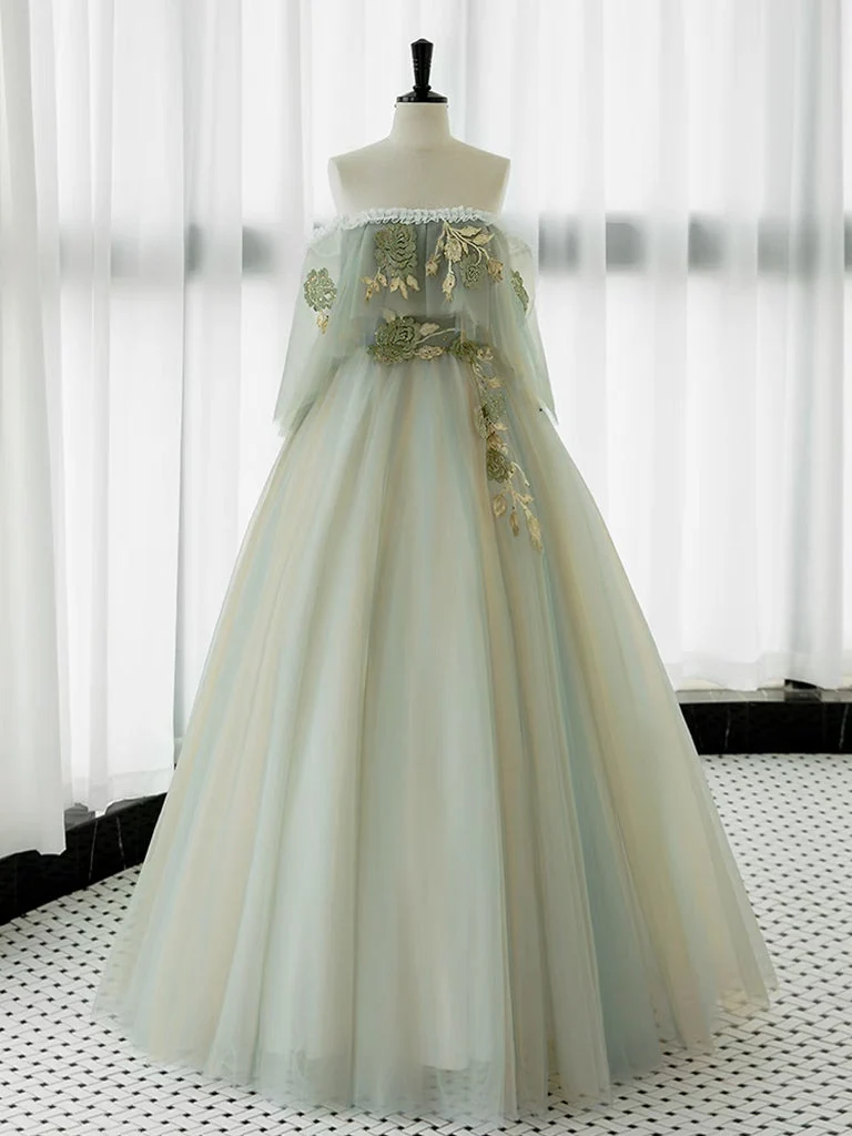 Robe de bal longue élégante en tulle vert et dentelle, coupe trapèze, pour événements formels