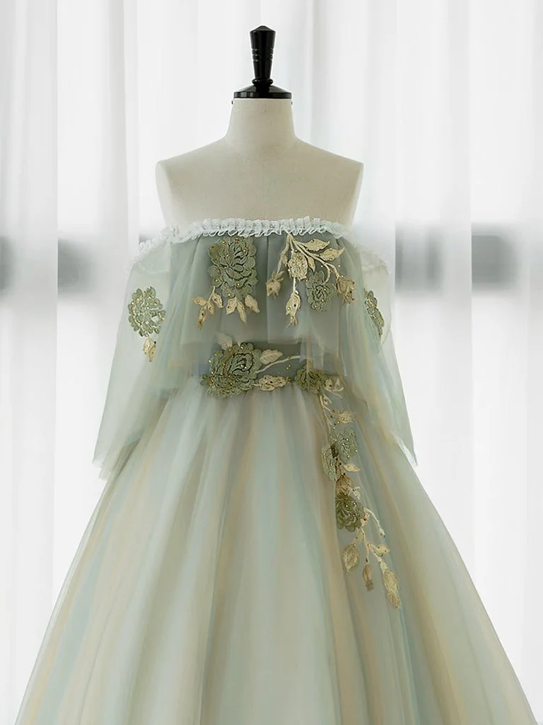 Robe de bal longue élégante en tulle vert et dentelle, coupe trapèze, pour événements formels