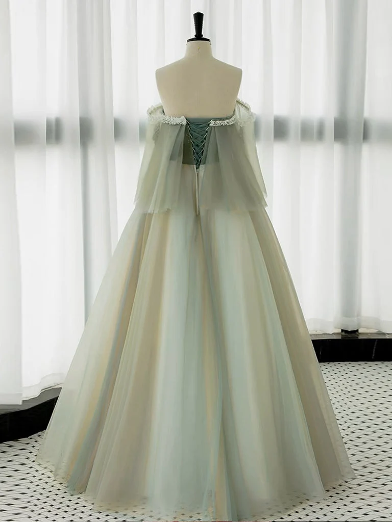 Robe de bal longue élégante en tulle vert et dentelle, coupe trapèze, pour événements formels