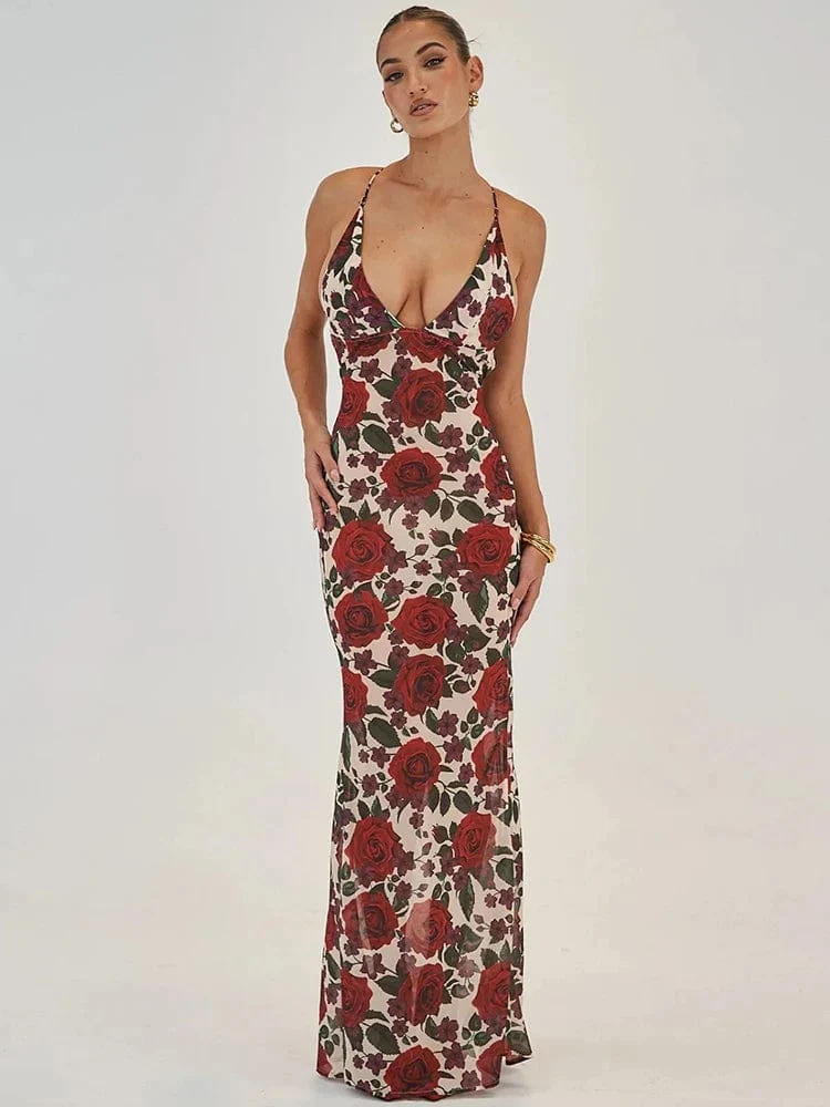 Robe longue imprimée de roses rouges