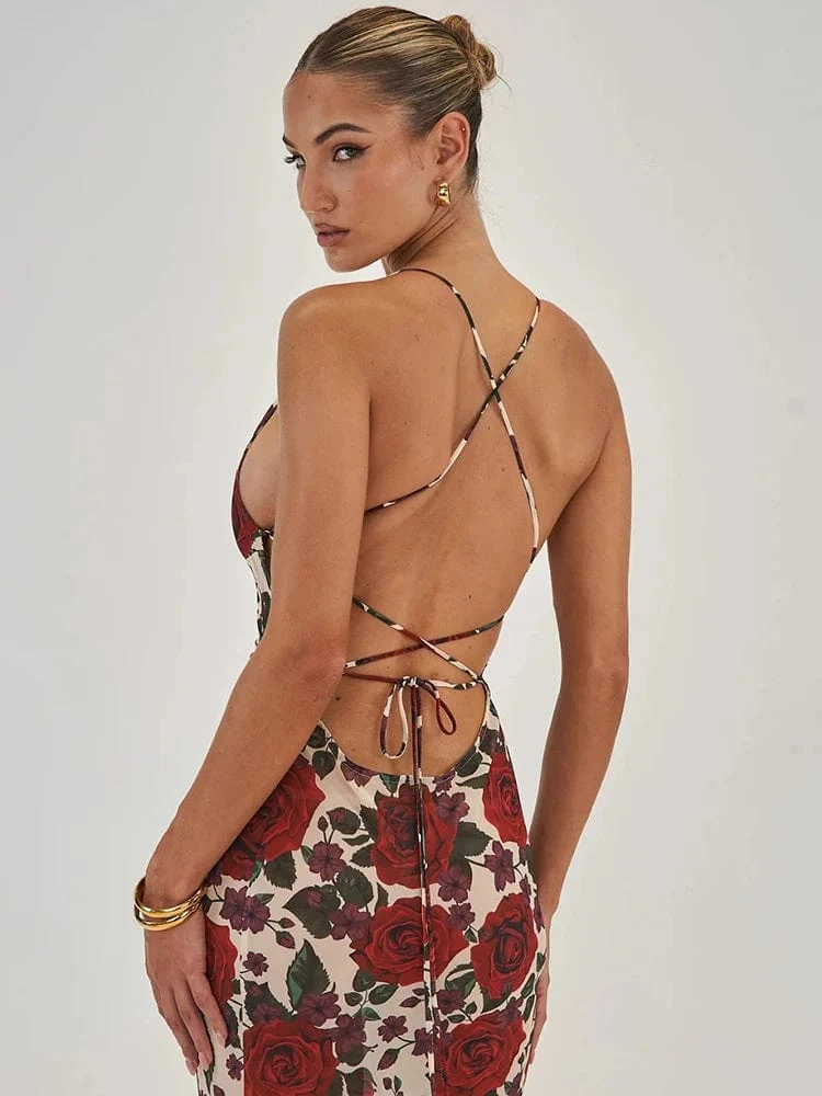 Robe longue imprimée de roses rouges