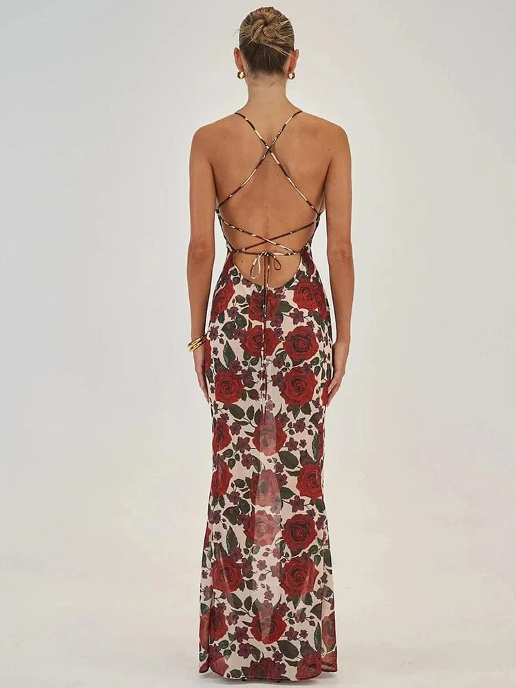 Robe longue imprimée de roses rouges