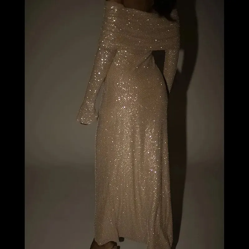 Robe longue sequin épaules dénudées