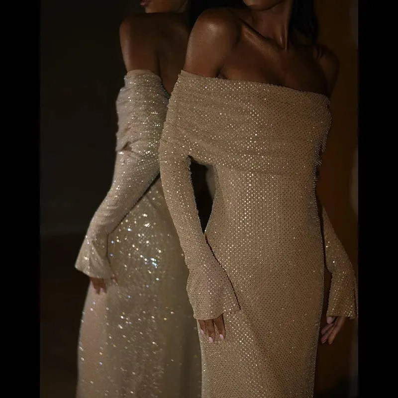 Robe longue sequin épaules dénudées
