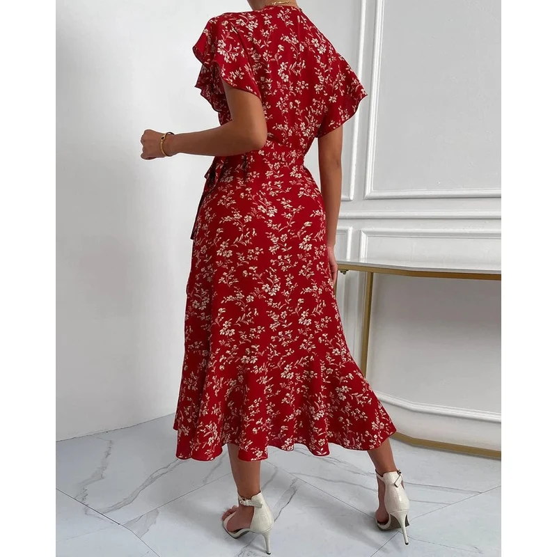 Robe midi fleurie rouge avec manches volants